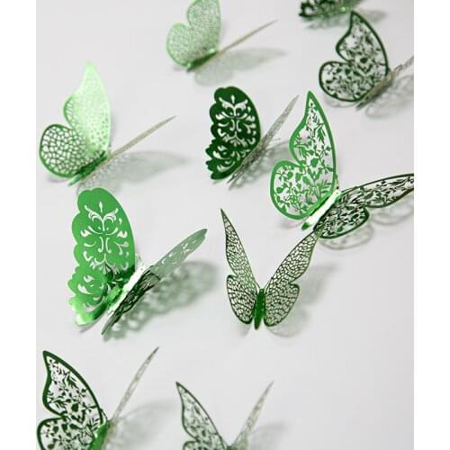 12Pcs Mirror Paper Spring Grass Green Iridescent 3D Hollow Butterflies Wall Stickers Butterfly Wall Decals Room DIY Decorations