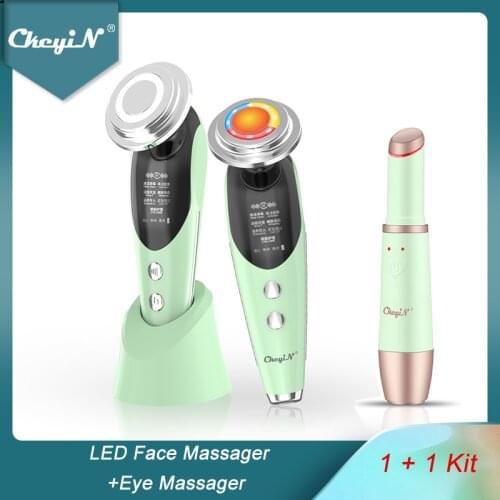 CkeyiN GREEN Face Beauty Machine 7In1 EMS Facial LED Light Wrinkle Removal Skin Tightening Heated Vibration Eye Massager Wand 5