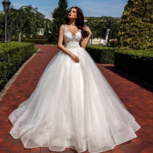 Alonlivn Noivas Shiny Lace Bridal Skirts O-Neck Lace Up Beaded Appliques Ball Gown Wedding Dresses