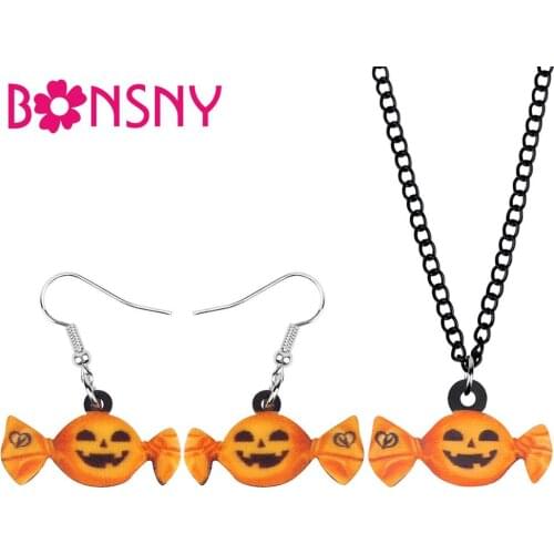 Bonsny Acrylic Halloween Happy Pumpkin Candy Jewelry Sets Sweet Necklace Earrings For Women Teens Kids Gifts Charm Decorations