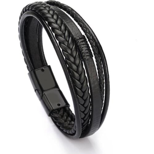 Bracelet Men Multilayer Leather Bangles Magnetic-clasp Cowhide Braided Multi Layer Wrap Trendy Bracelet Armband pulsera hombre