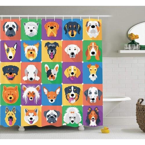 Dog Lover Decor Shower Curtain Dog Breeds Profiles Pets Shepherd Terrier Labrador Domestic Animals Fabric Bathroom Set