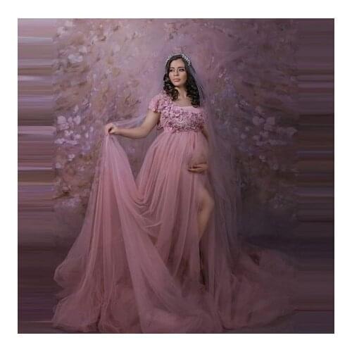 Elegant Dusty Pink Tulle Maternity Gowns For Photo Shoot Handmade Flower Appliques Floor Length With Train Sheer Dresses