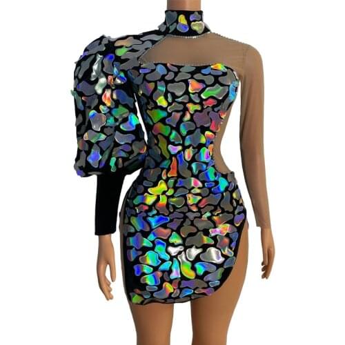Sparkly Multi-Color Sequins Short Dress Birthday Celebrate Black Velvet Outfit Evening Dancer Show Imitation Lens Dress DN8673