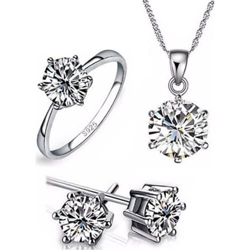 YANHUI Original 925 Sterling Silver Ring&Earrings&Necklace Set Inlay 6mm 1.0ct Zirconia Diamond Jewelry Set For Women ST1263