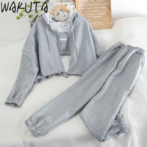 WAKUTA 3 Piece Sets Women Loose Cardigans+Short Camis+Pants Outfit Fashion Casual Tracksuits Women 3 Pcs Suit Ladies Sportsuits