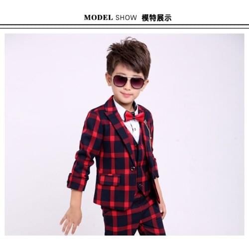 2019 formal Spring/summer boy Suits 4pcs Set Boy Plaid suit Jacket British Vest+coat+Pants+Tie suit Vestido Infantil clothing
