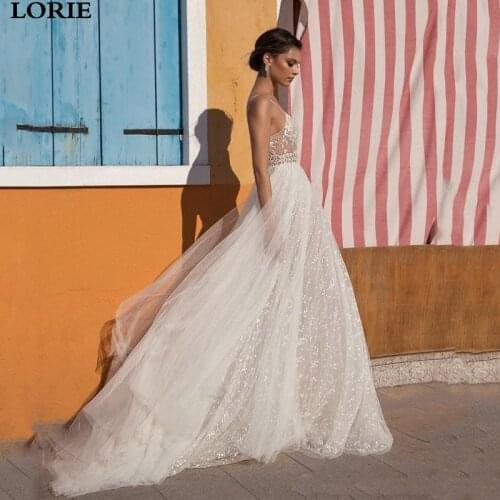 LORIE Lace Wedding Dress Spaghetti Straps Bride Dress Vestidos de novia Side Split Lace Sexy Boho Bride Wedding Gowns
