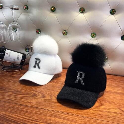 Fashion Faux fur ball baseball cap winter Cap For Women Rhinestone Diamond Letter Visor Hats