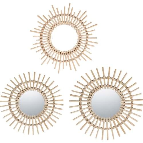 Nordic Rattan Wall Hanging Mirror, Sunburst Shape Wall Mirrors for Bathroom, Vanity, Living Room, Entryway, Hall, Hotel Decor