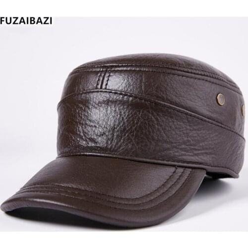 FUZAIBAZI New Adjustable Genuine Leather Hat Winter Mens New First Layer Cowhide Military Hats Earmuffs Warm Leisure Flat Cap