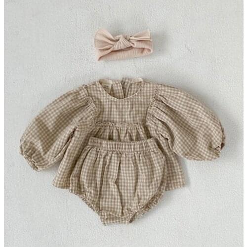 Baby Girls Clothes Little Plaid Infant Girls Clothes Set Puff Sleeve Blouse And Bloomer 2Pcs Toddler Girls Suit