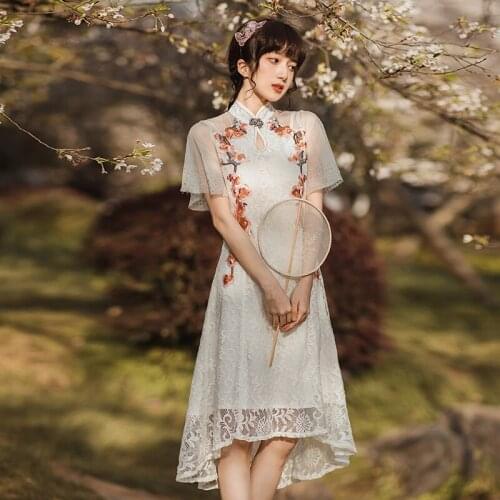 Elegant Retro Cheongsam Improve Dress Women Summer French Chic Lotus Leaf Sleeve Hollow Sexy Flower Embroidered Sweet Midi Dress