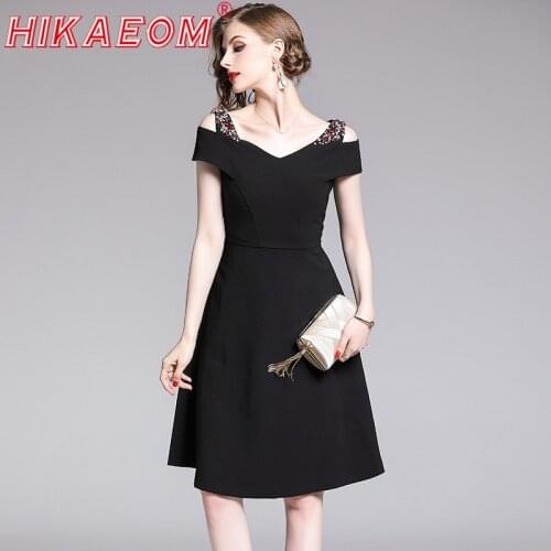 Retro Strapless Black Dresses Formal Mid Hepburn Fashion Dress Women Vintage Off Shoulder Drilling Diamonds Eveing Party Dresses