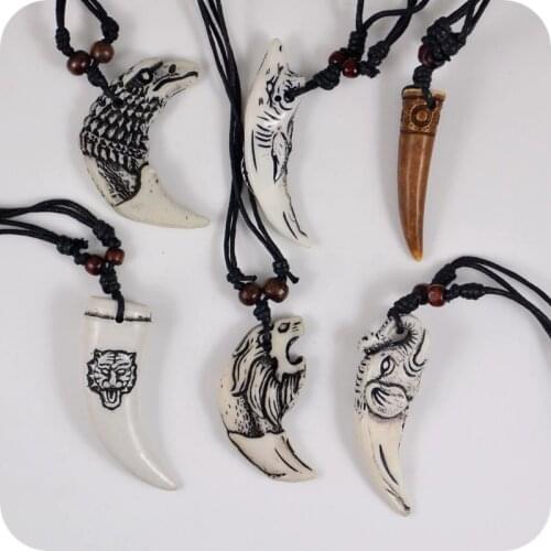 24pc/lot Mix Style Animal Teeth Pendant Necklace elephant lion shark eagle tiger Tooth Resin Pendant Necklaces