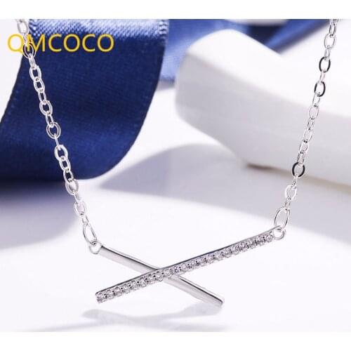 QMCOCO Minimalist 925 Silver Zircon Cross Bar Pendant Necklace For Women Trendy Fine Jewelry Geometric Gifts
