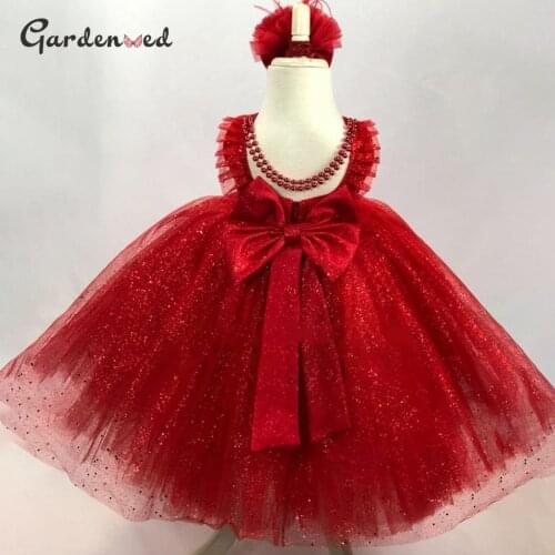 Luxury Peals Flower Girl Dress Puffy Ball Gown Girl Party Dress Satin Bow Sleeveless Girl Birthday Dress платье для девочки 2021