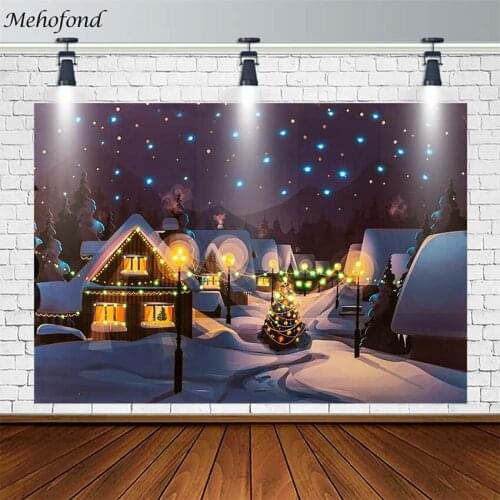 Merry Christmas Tree Backdrop Wood House Snowflake Bokeh String Lights Photography Background Photo Studio Photocall Decor Props