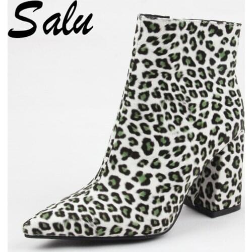 Salu Women Boots Leather Thick High Heel Zipper Boots Pu Leather Shoes Pointed Toe Ankle Boots Shoes Woman Size 41 42 43