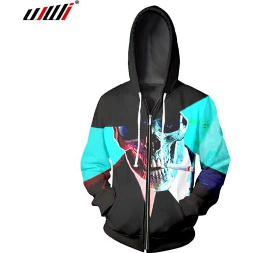 UJWI Black Men Zipper Hoodies 3D Printed Smoking Skull Zipper Pullover New Fashion Harajuku Mens Winter Spring Clothes