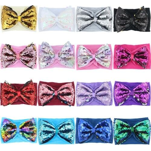 Yundfly Boutique Baby Girls Soft Flip Sequin Bows Headwrap Newborn Nylon Bowknot Headband Toddler Bow Hair Accessories