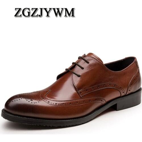 ZGZJYWM New Fashion Brown / Black Oxfords Business Mens Lace-Up Pointed Toe Dress Genuine Leather Wedding Mens Office Shoes