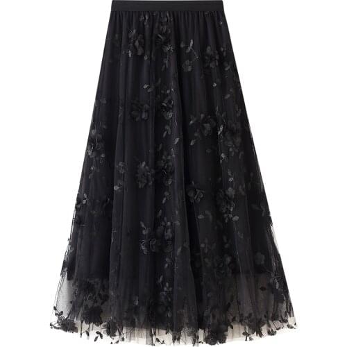 Womens Long Tulle Skirt Casual High Waist 3D Flower Embroidery Solid Color Midi Swing Skirt