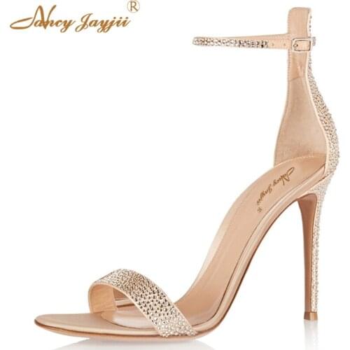 2021 Khaki Rinestone Summer Woman Open Toe Thin High Heels Sandals Ankle Buckle Strap Sexy Office Shoes Size 4-16 Nancyjayjii