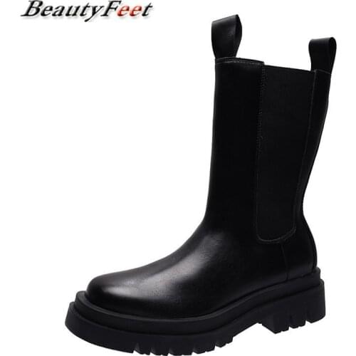 Mid Heels Short Boots Leather Boots Fashion Womens Boots Platform Square Winter Autumn Solid Black Mid Calf Boots Women Shoes