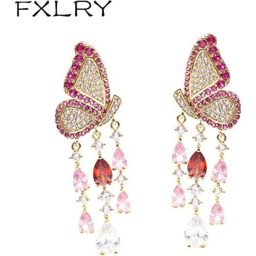 FXLRY High Quality Multicolor Micro-Inlaid Zircon Romantic Butterfly Tassel Earrings For Women Jewelry Gift