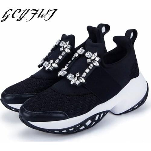 Women Sneakers Rhinestone Square Buckle Shallow Round Toe Slip-on Female Shoes Flat Platform Casual Breathable Mesh Buty Damskie