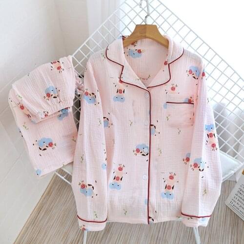 Spring and Autumn Womens Washed Cotton Yarn Plus Size Pajamas Cartoon Animal Thin Cotton Crepe Home Wear Suit Satijnen Pyjama