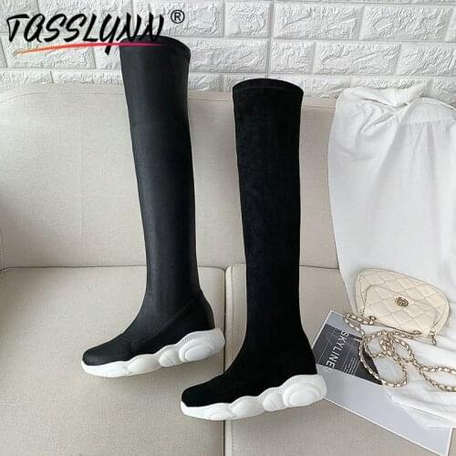 TASSLYNN 2019 PU Casual Over The Knee Boots Fashion Sock Shoes Women Sneakers Round Toe Zip Women Boots Winter Platform Boots
