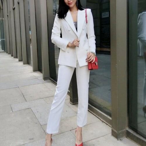 2019 Spring Autumn Host Elegant Slim white Blazer Suits Set OL Women Business Double Breasted Blazer + Ankle Length Pants Y206