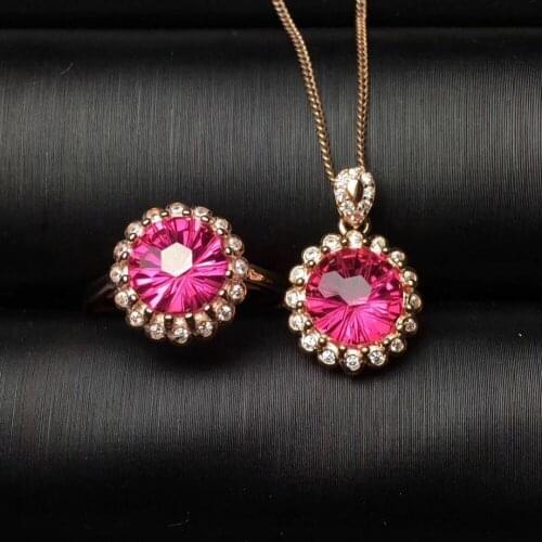 Fashion Sunflower Natural pink Fireworks topaz ring Pendant Natural Gemstone Jewelry Sets 925 Silver Women party gift jewelry