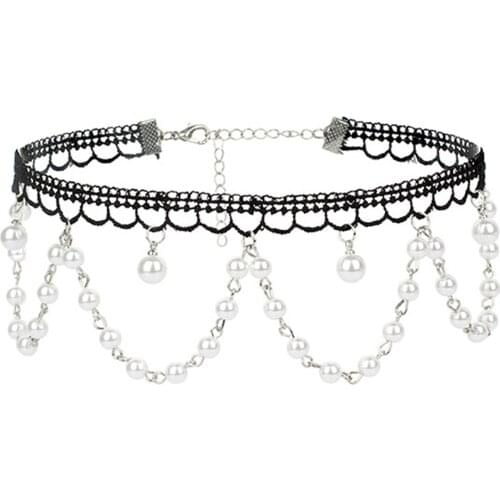 1PCS Women Girls Lace Choker Necklace Dainty Fake Pearl Tassels Necklace Lolita Gothic Choker Jewelry Accessories