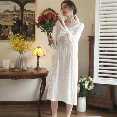 Womens Pure Cotton Full Sleeves Floral Night Dress Sexy Lace Square Collar Home Wear Spring Simple Print Nightgowns For Girls