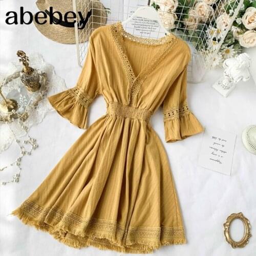 Women Dress Vestidos Mujer New Summer Short Sleeved V-neck Slim High Waist Casual Dresses Female Fashion Hollow Out Robe