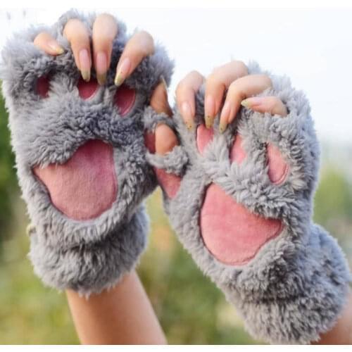 Winter Women Fashion Cute Cat Bear Gloves Claw Paw Ski Activity Warm Windproof Wear Plush Fleece Mittens Soft Fingerless Gloves