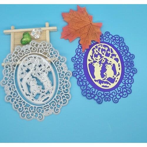 2 oval bears, hollowed-out lace photo frame background, metal cutting die DIY collection photo album decoration