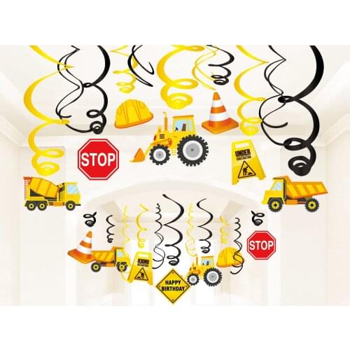 30pcs Cartoon Car Ceiling Foil Spirals Kids Happy Birthday Party Decoration Hanging Swirl Construction Warning Slogan Spirals