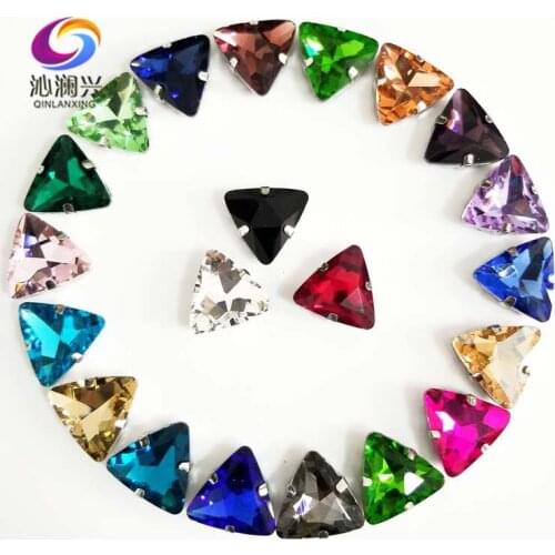 Free shipping 18mm Superior quality triangle Crystal glass flatback sew on stones,Silver claws rhinestone,Clothing accessories