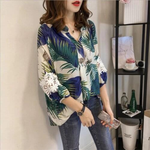 Women Monstera Leaf Blouse V Neck Loose Shirts Woman Female Chiffon Long Sleeve Floral Print Tops Plus Size Clothing