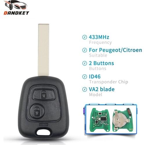 Dandkey 433MHz For Peugeot 307 For Citroen C1 C3 Remote Car Key 2 Buttons Uncut Blank VA2 Blade With ID46 Chip PCF7961 Key Shell