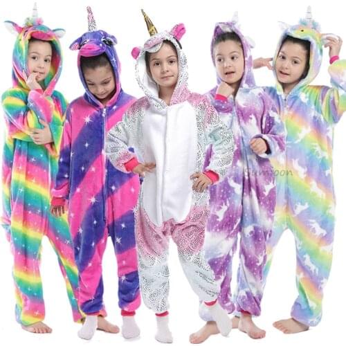 Kigurumi Children Unicorn Pajama Kids Animal Panda Pajamas Winter Flannel Sleepwear Boy Girl Pyjamas Onesies For 4-12 T