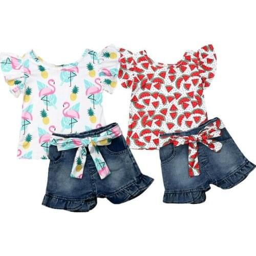 Summer Baby Girls Floral Tops Girl Sleeveless Cartoon Ruffles T-shirt Denim Pants Shorts Cute Kids Set Newborn Outfits