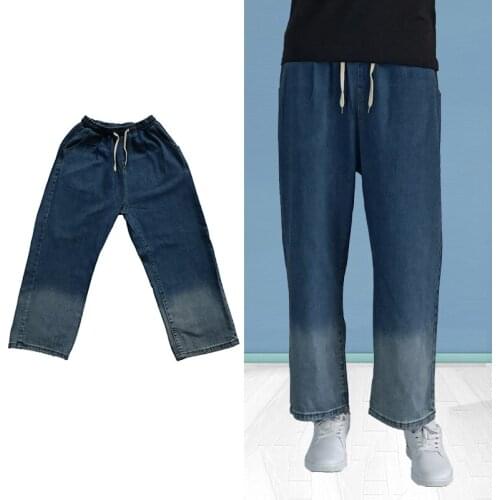 Gradient Blue Loose Straight Jeans Trousers Personality Baggy Men Jeans Casual Elastic Waist Pants Wide Leg Long Fashion
