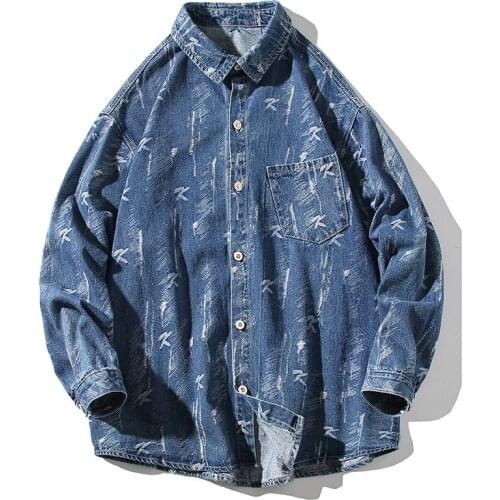 New Autumn Retro Denim Shirt Jacket Men Scratch Cowboy Coat Fashion Street Loose Button Cotton Outerwear Clothing Male Plus Size