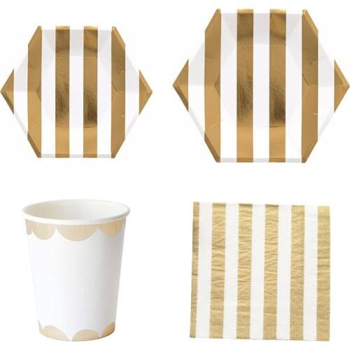 44pcs/set Gold Stripe Disposable Tableware Paper Cups Plates Straws Kids Birthday Party Supplies Wedding Anniversary Party Decor
