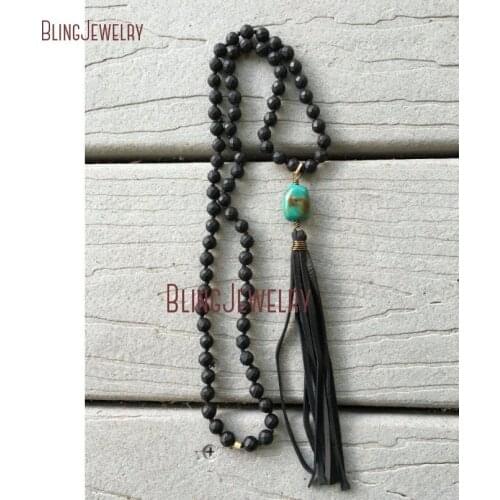Knot Beads Necklace Matte ONYX necklace with Black Leather Fringe Tassel NECKLACE NM21475